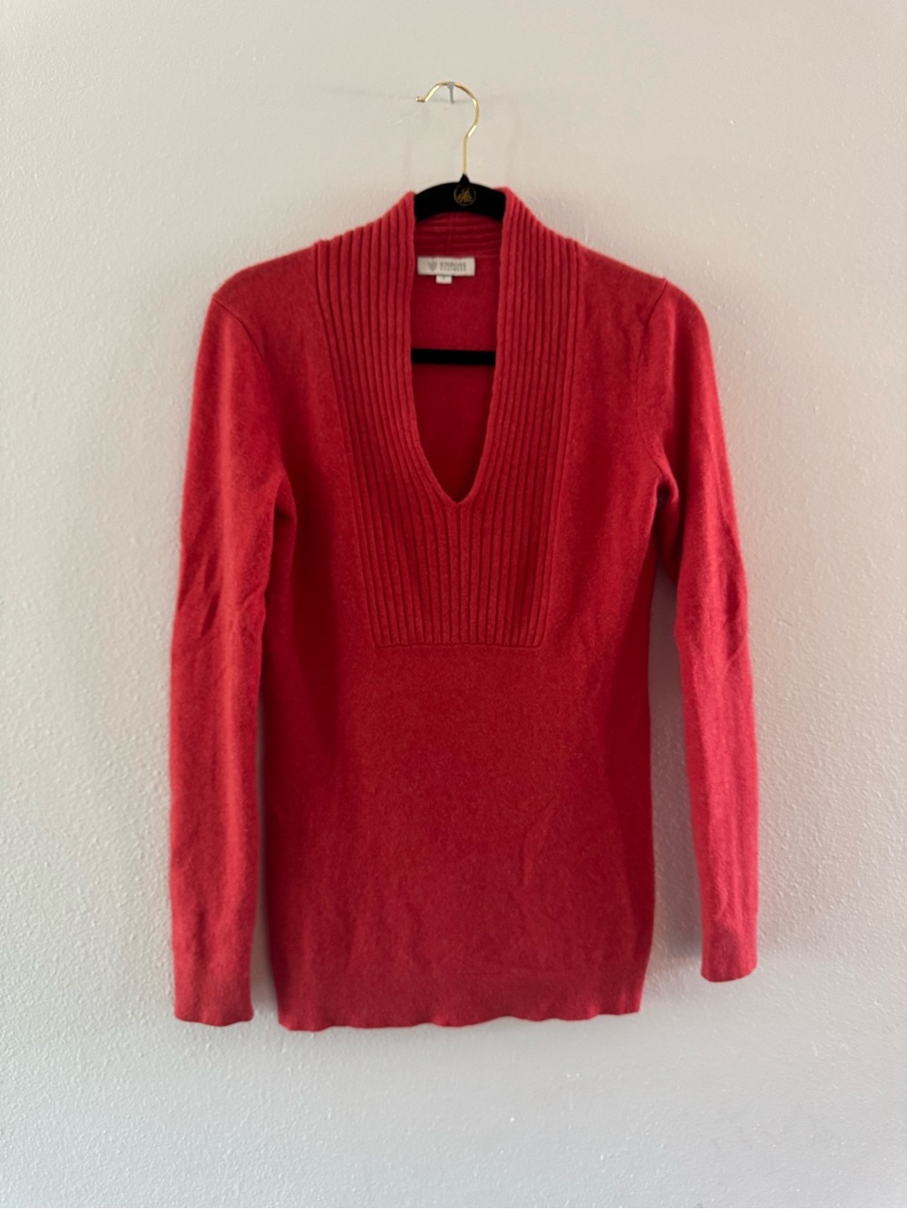 Kinross Red Cashmere Blend Deep V Ribbed Sweater